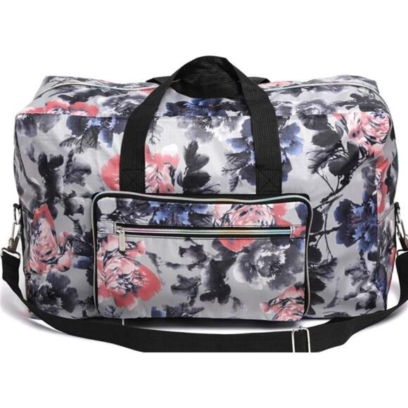 Gray Floral Print Large Duffel Bag‎ Overnight Weekender Bag Carry On Crossbody - Picture 1 of 4